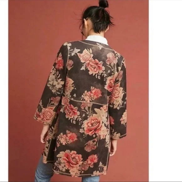 Anthropologie Solitaire Dark Purple Faux Suede Floral Kimono Jacket - Picture 10 of 11